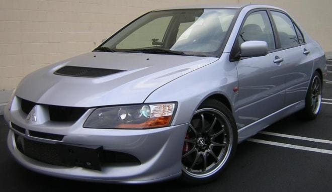 2004 Mitsubishi Lancer Evolution with 18x8.5 Volk Racing LE28 Gunmetal wheels
