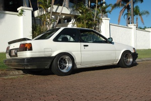 1986 Toyota Corolla with 14x8 Work Equip 03 wheels