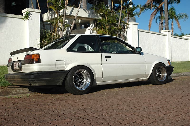 1986 Toyota Corolla with 14x8 Work Equip 03 wheels